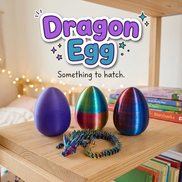 Dragon Egg 3D printed articulated flexi toy by Cosmic 3D Creations, on a cozy shelf with fairy lights