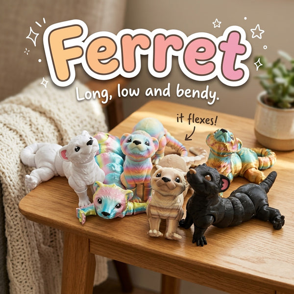Ferret 3D printed articulated flexi toy by Cosmic 3D Creations, on a cozy side table with a knit blanket