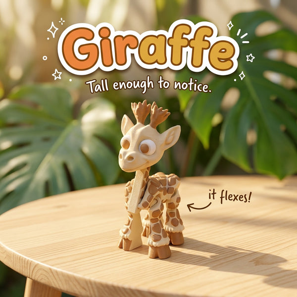Giraffe 3D printed articulated flexi toy by Cosmic 3D Creations, on a sunlit table with tropical leaves
