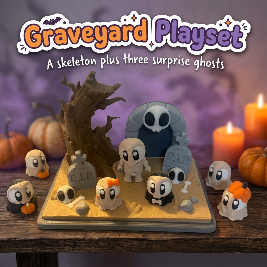 Graveyard Playset 3D printed tombstones, skull arch, a skeleton and six ghost styles
