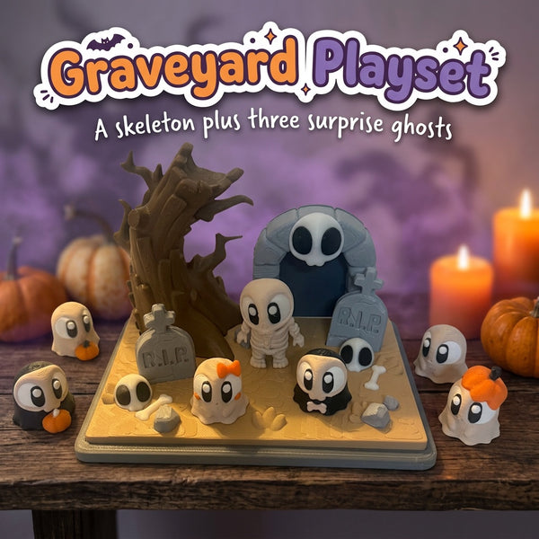 Graveyard Playset 3D printed tombstones, skull arch, a skeleton and six ghost styles