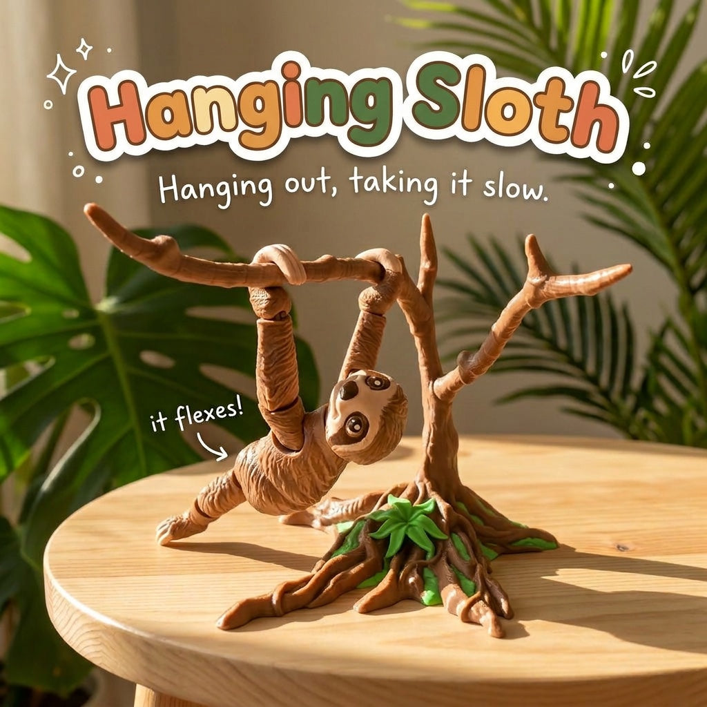 Hanging Sloth 3D printed articulated flexi toy by Cosmic 3D Creations, hanging from its tree stand on a sunlit table with tropical leaves