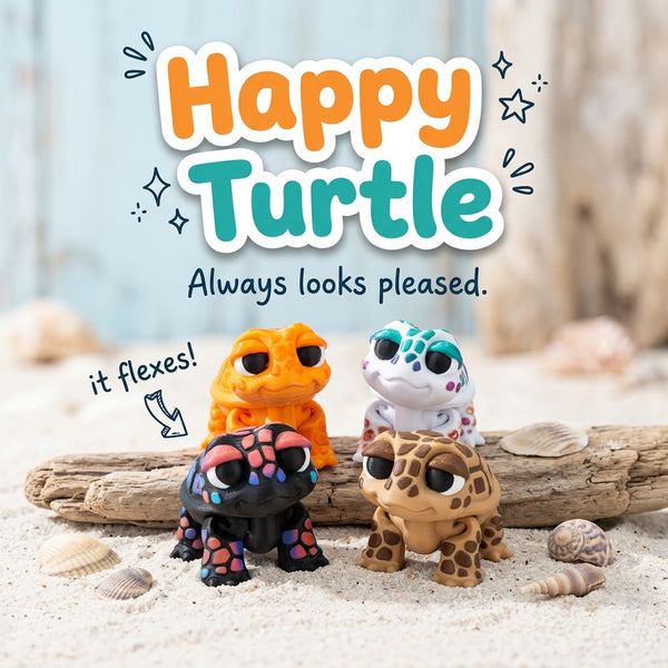 Happy Turtle 3D printed articulated flexi toy by Cosmic 3D Creations, on sand with driftwood and shells