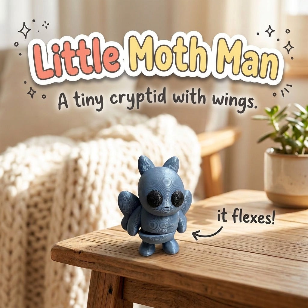 Little Moth Man 3D printed articulated flexi toy by Cosmic 3D Creations, on a cozy side table with a knit blanket