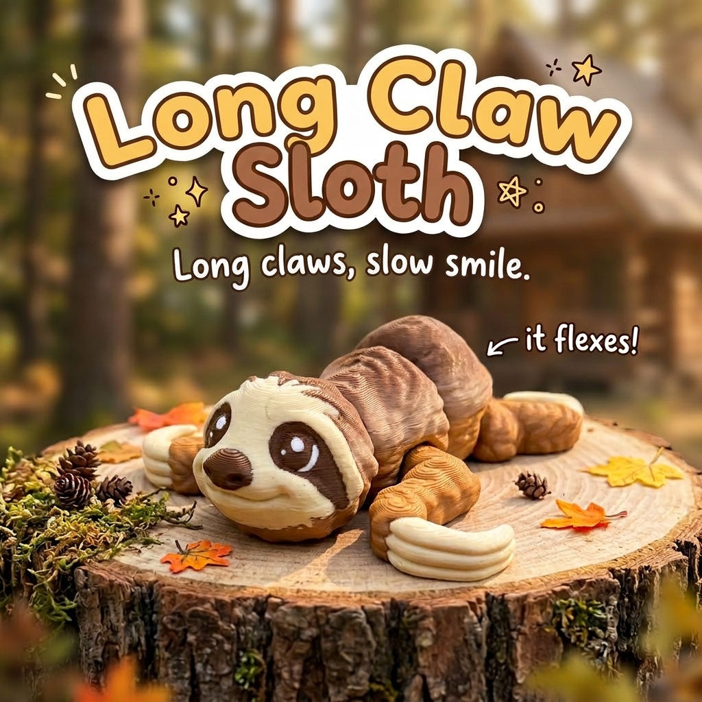 Long Claw Sloth 3D printed articulated flexi toy by Cosmic 3D Creations, on a tree stump with moss and pine cones