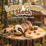 Long Claw Sloth 3D printed articulated flexi toy by Cosmic 3D Creations, on a tree stump with moss and pine cones