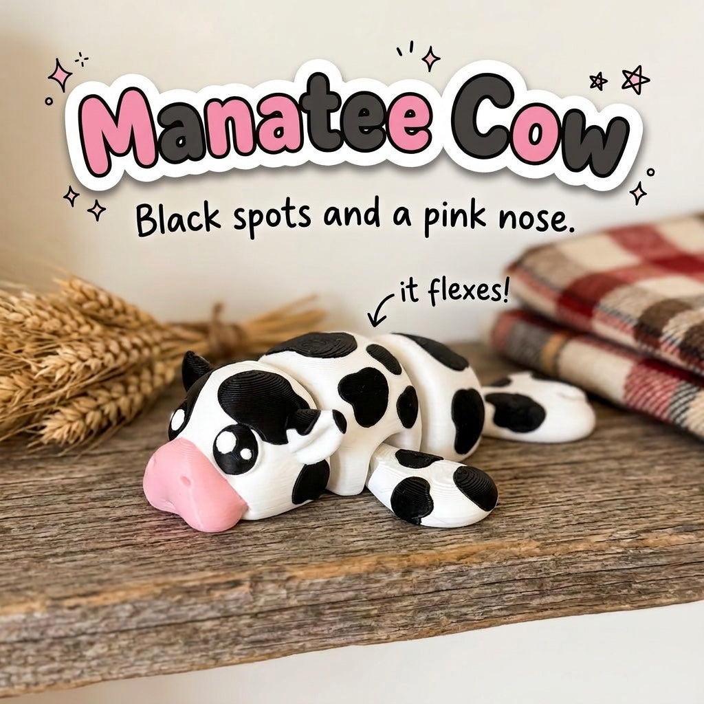 Manatee Cow 3D printed articulated flexi toy in black and white cow print by Cosmic 3D Creations, on a farmhouse shelf with wheat