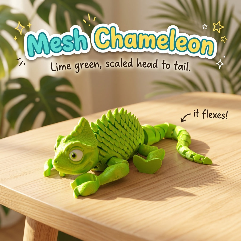 Mesh Chameleon 3D printed articulated flexi toy by Cosmic 3D Creations, on a sunlit table with tropical leaves