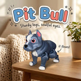 Pit Bull 3D printed articulated flexi toy by Cosmic 3D Creations, on a cozy side table with a knit blanket