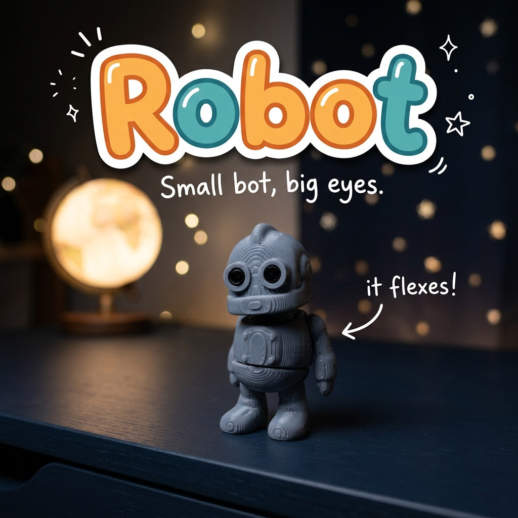 Robot 3D printed articulated flexi toy by Cosmic 3D Creations, on a desk with star lights