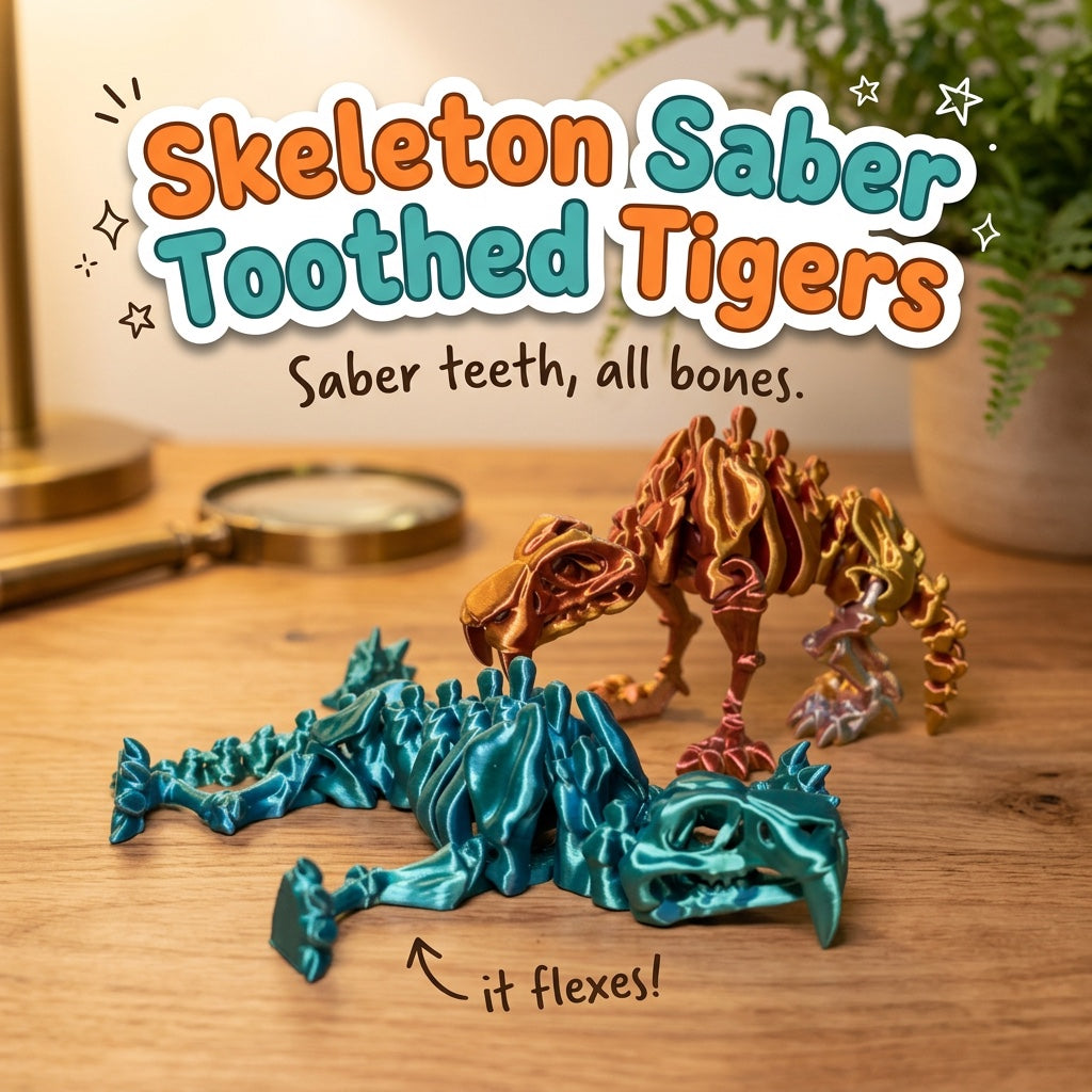 Skeleton Saber Toothed Tigers 3D printed articulated flexi toy by Cosmic 3D Creations, on a wooden desk with a fern