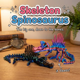Skeleton Spinosaurus 3D printed articulated flexi toy by Cosmic 3D Creations, on a wooden desk with books and a fern