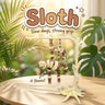 Sloth 3D printed articulated flexi toy by Cosmic 3D Creations, on a sunlit table with tropical leaves