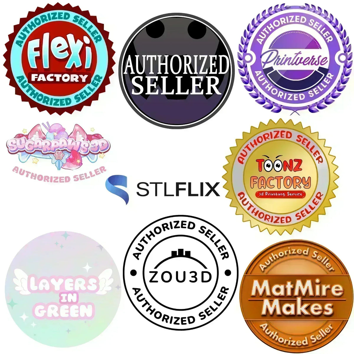Authorized seller badges: Flexi Factory, Printverse, Sugarpaws 3D, Toonz Factory, STLFlix, Layers in Green, Zou3D and MatMire Makes designs, 3D printed by Cosmic 3D Creations