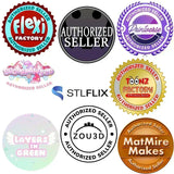 Authorized seller badges: Flexi Factory, Printverse, Sugarpaws 3D, Toonz Factory, STLFlix, Layers in Green, Zou3D and MatMire Makes designs, 3D printed by Cosmic 3D Creations