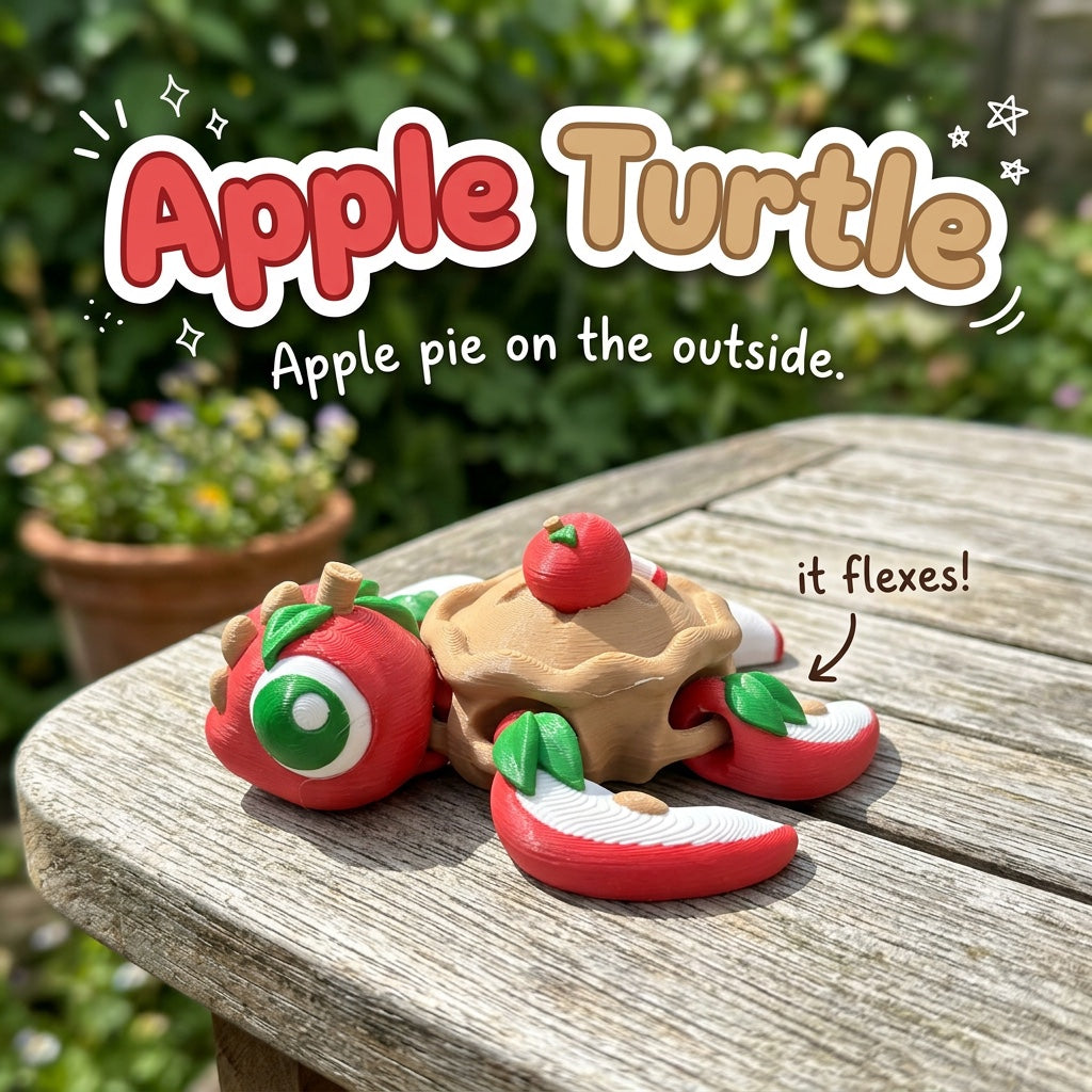Apple Turtle 3D printed articulated flexi toy by Cosmic 3D Creations, on a sunny garden table with flowers