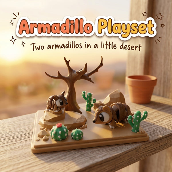 Armadillo Playset 3D printed desert scene with cacti, a bare tree and two armadillos
