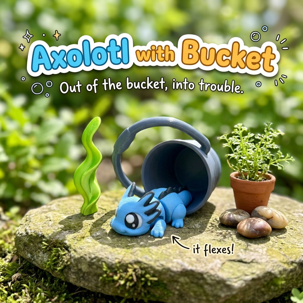 Axolotl with Bucket 3D printed articulated flexi toy by Cosmic 3D Creations, on a mossy stone with plants