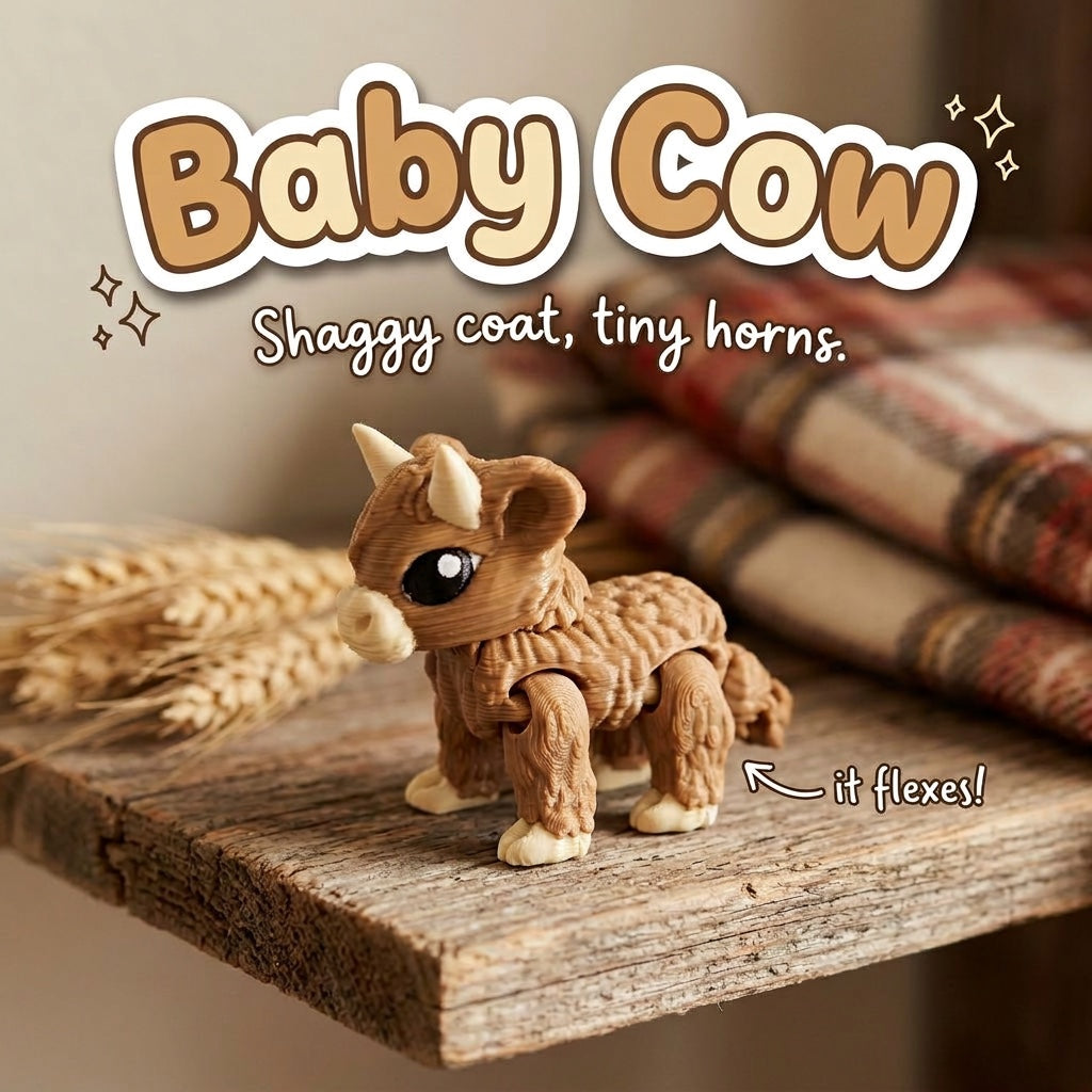 Baby Cow 3D printed articulated flexi toy by Cosmic 3D Creations, on a farmhouse shelf with wheat