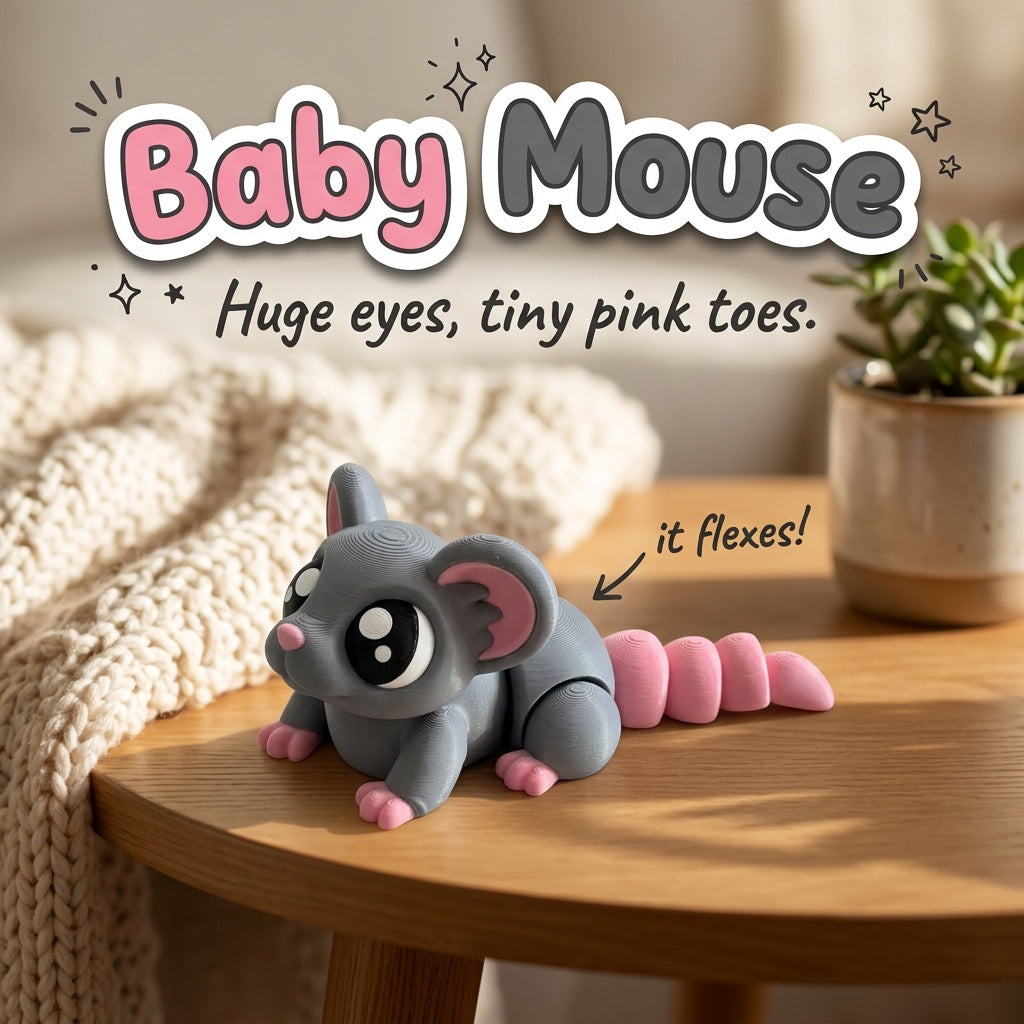 Baby Mouse 3D printed articulated flexi toy by Cosmic 3D Creations, on a cozy side table with a knit blanket