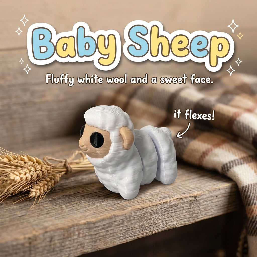 Baby Sheep 3D printed articulated flexi toy, on a farmhouse shelf with wheat