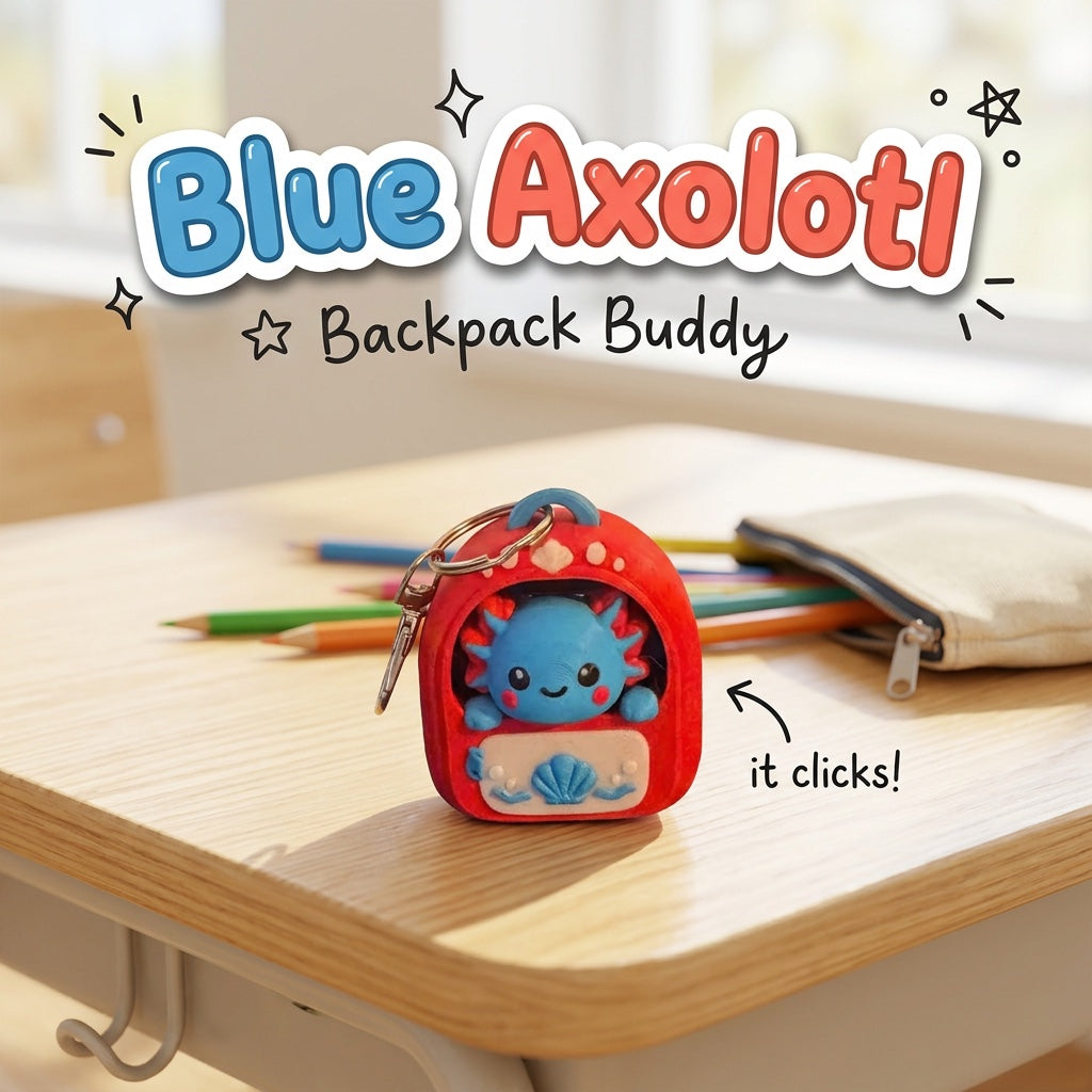 Blue Axolotl Backpack Buddy 3D printed clicker fidget keychain on a school desk