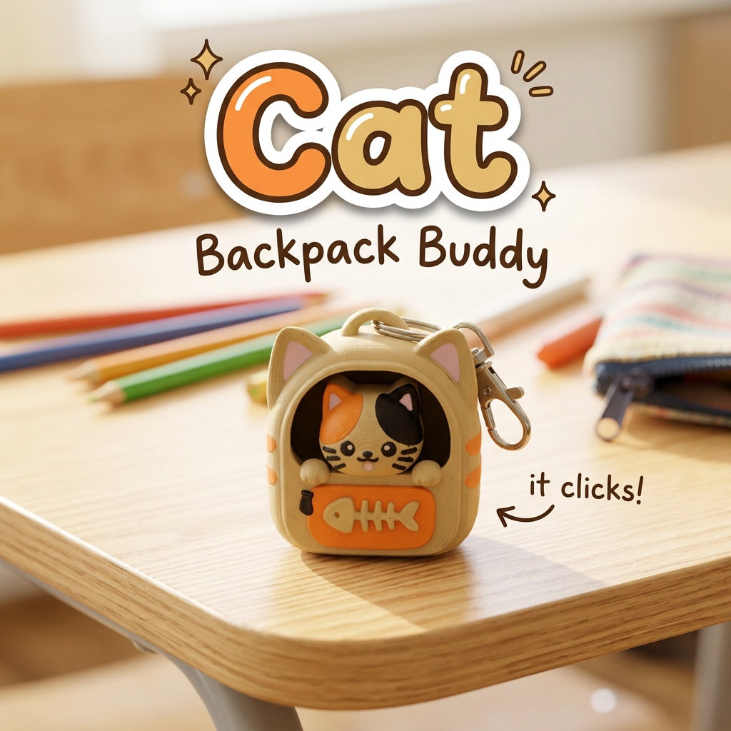 Cat Backpack Buddy 3D printed clicker fidget keychain on a school desk