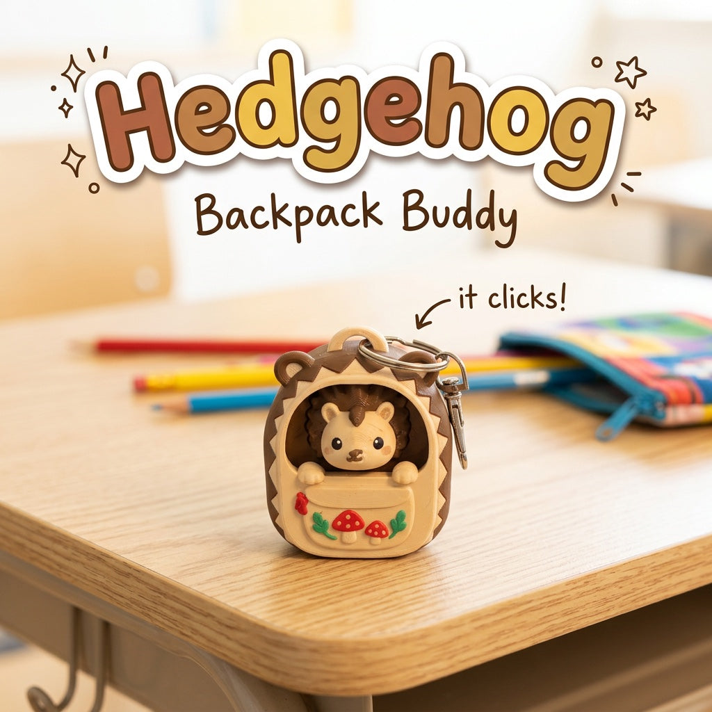 Hedgehog Backpack Buddy 3D printed clicker fidget keychain on a school desk