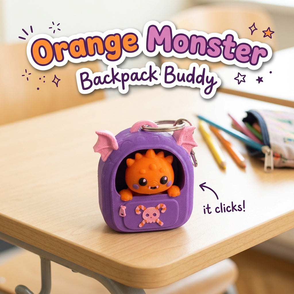 Orange Monster Backpack Buddy 3D printed clicker fidget keychain on a school desk
