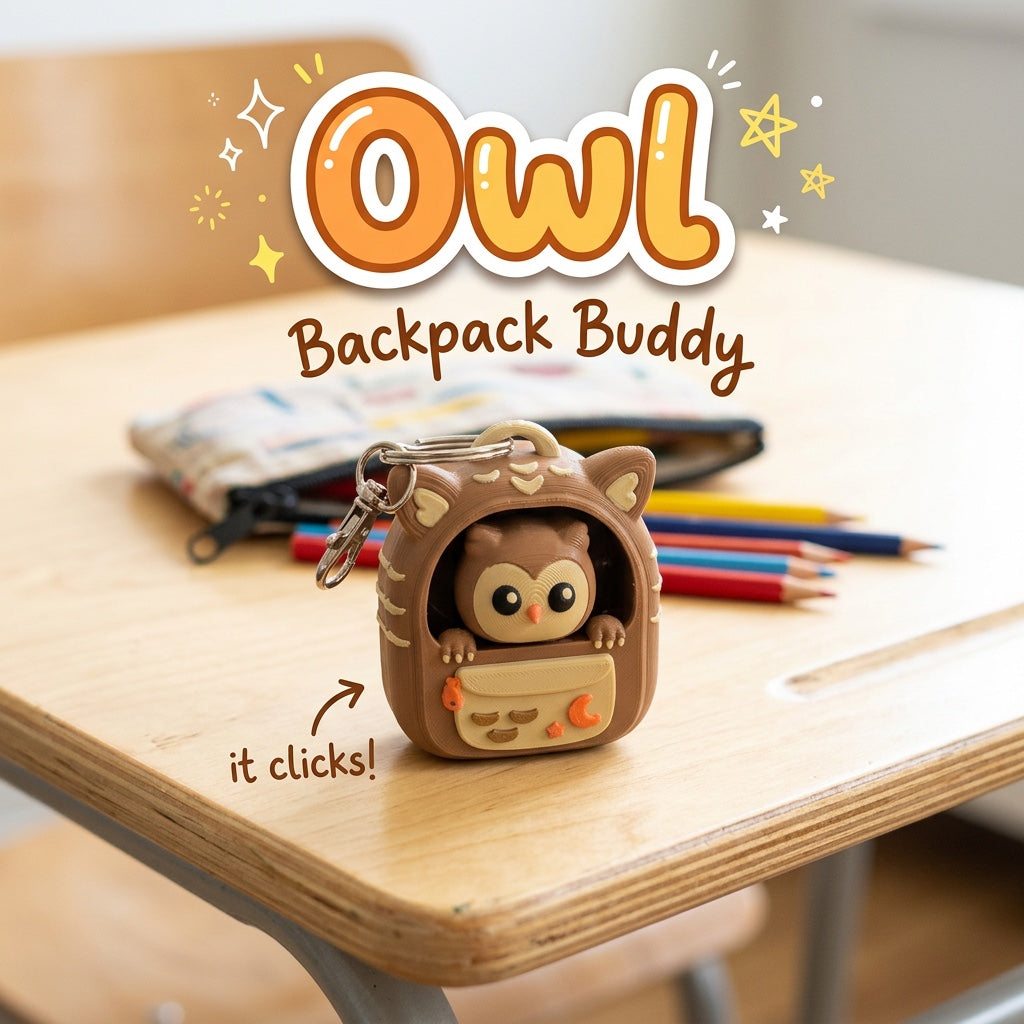 Owl Backpack Buddy 3D printed clicker fidget keychain on a school desk
