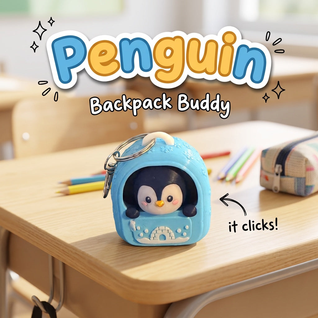 Penguin Backpack Buddy 3D printed clicker fidget keychain on a school desk