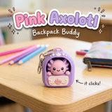 Pink Axolotl Backpack Buddy 3D printed clicker fidget keychain on a school desk