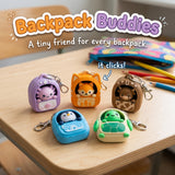 Backpack Buddies 3D printed clicker fidget keychains, five animal backpacks on a school desk