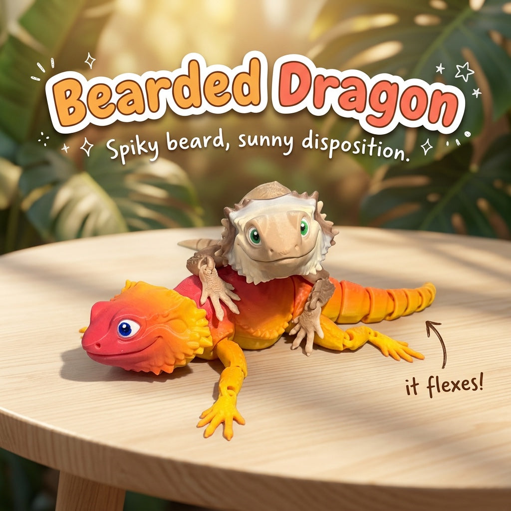 Bearded Dragon 3D printed articulated flexi toy by Cosmic 3D Creations, on a sunlit table with tropical leaves