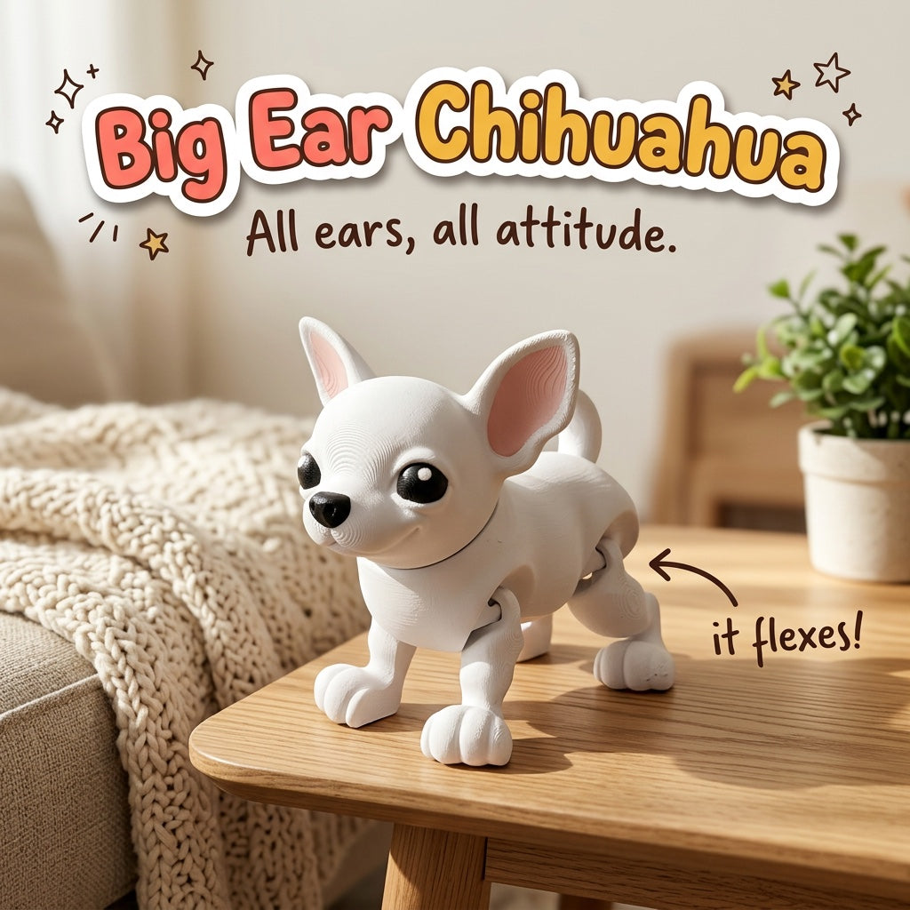 Big Ear Chihuahua 3D printed articulated flexi toy by Cosmic 3D Creations, on a cozy side table with a knit blanket