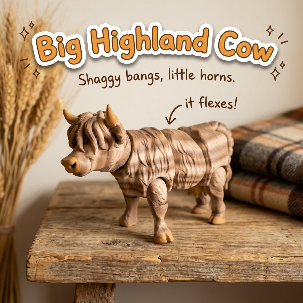 Big Highland Cow 3D printed articulated flexi toy by Cosmic 3D Creations, on a farmhouse shelf with wheat