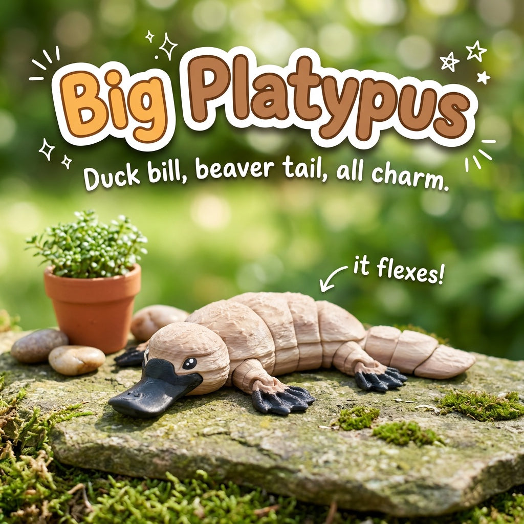Big Platypus 3D printed articulated flexi toy by Cosmic 3D Creations, on a mossy stone with plants