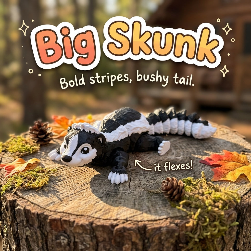 Big Skunk 3D printed articulated flexi toy by Cosmic 3D Creations, on a tree stump with moss and pine cones