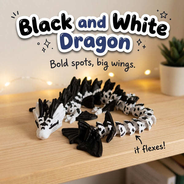 Black and White Dragon 3D printed articulated flexi toy by Cosmic 3D Creations, on a cozy shelf with fairy lights