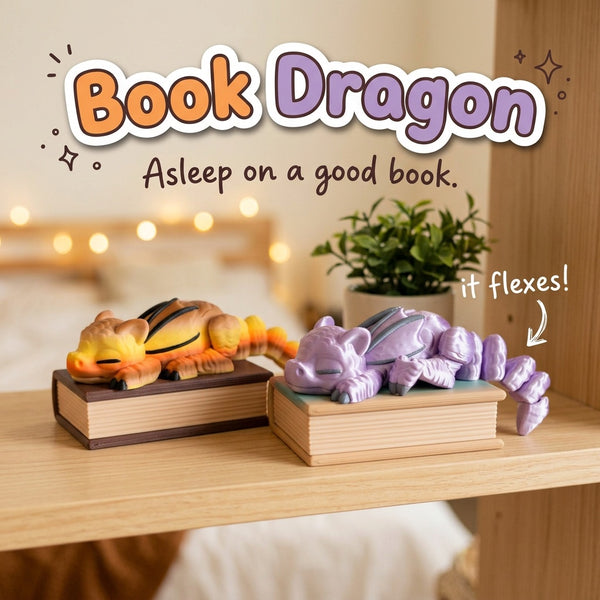 Book Dragon 3D printed articulated flexi toy by Cosmic 3D Creations, on a cozy shelf with fairy lights