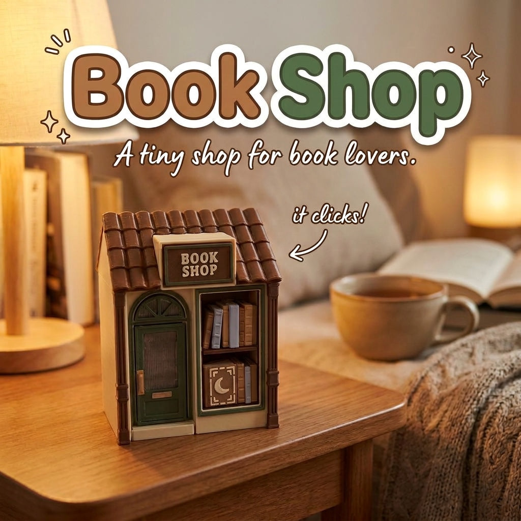 Book Shop 3D printed clicker fidget toy, a tiny shop with a tiled roof, in a cozy reading nook