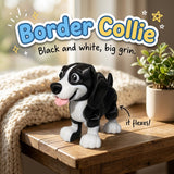 Border Collie 3D printed articulated flexi toy by Cosmic 3D Creations, on a cozy side table with a knit blanket