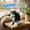Border Collie 3D printed articulated flexi toy by Cosmic 3D Creations, on a cozy side table with a knit blanket