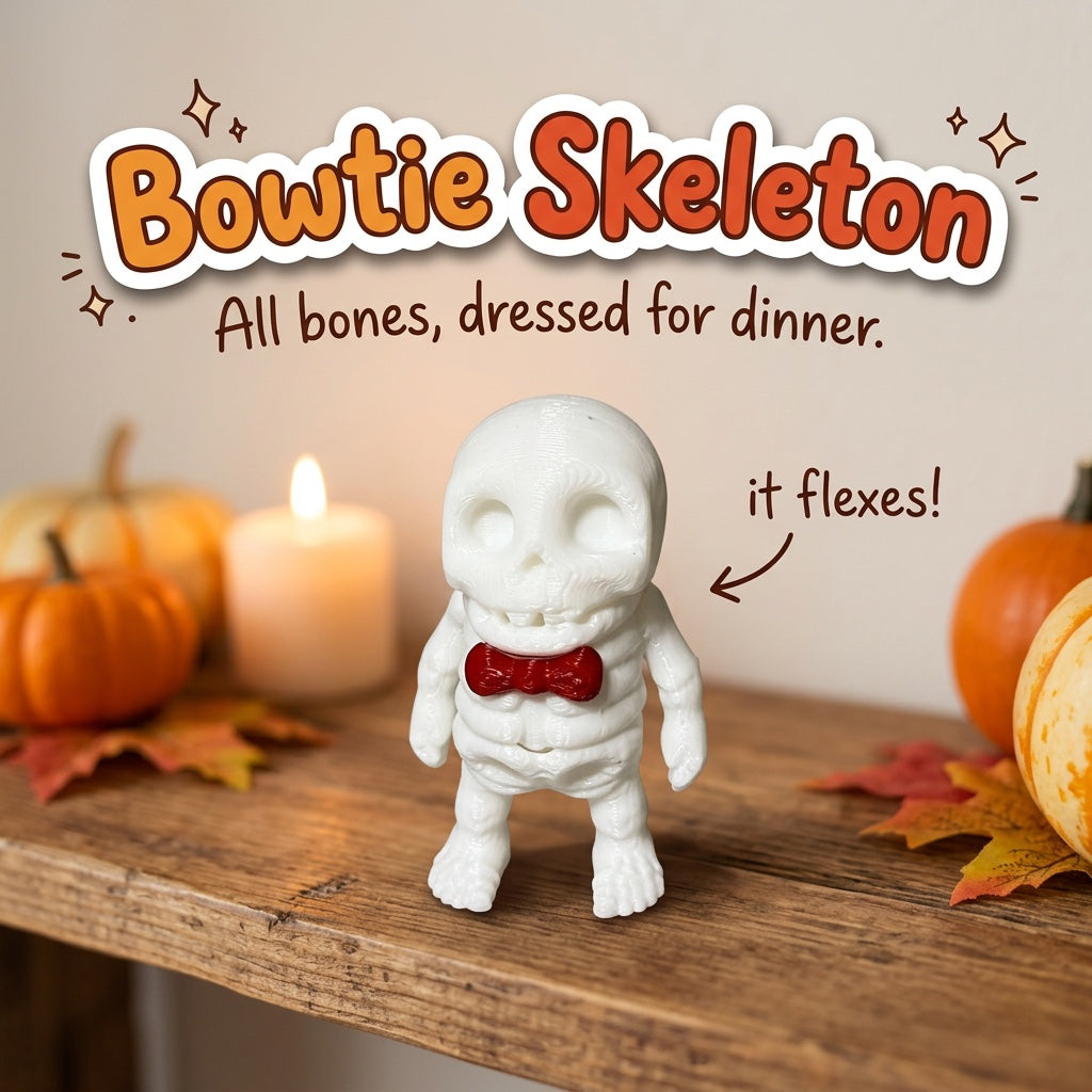 Bowtie Skeleton 3D printed articulated flexi toy by Cosmic 3D Creations, on a cozy autumn shelf with pumpkins