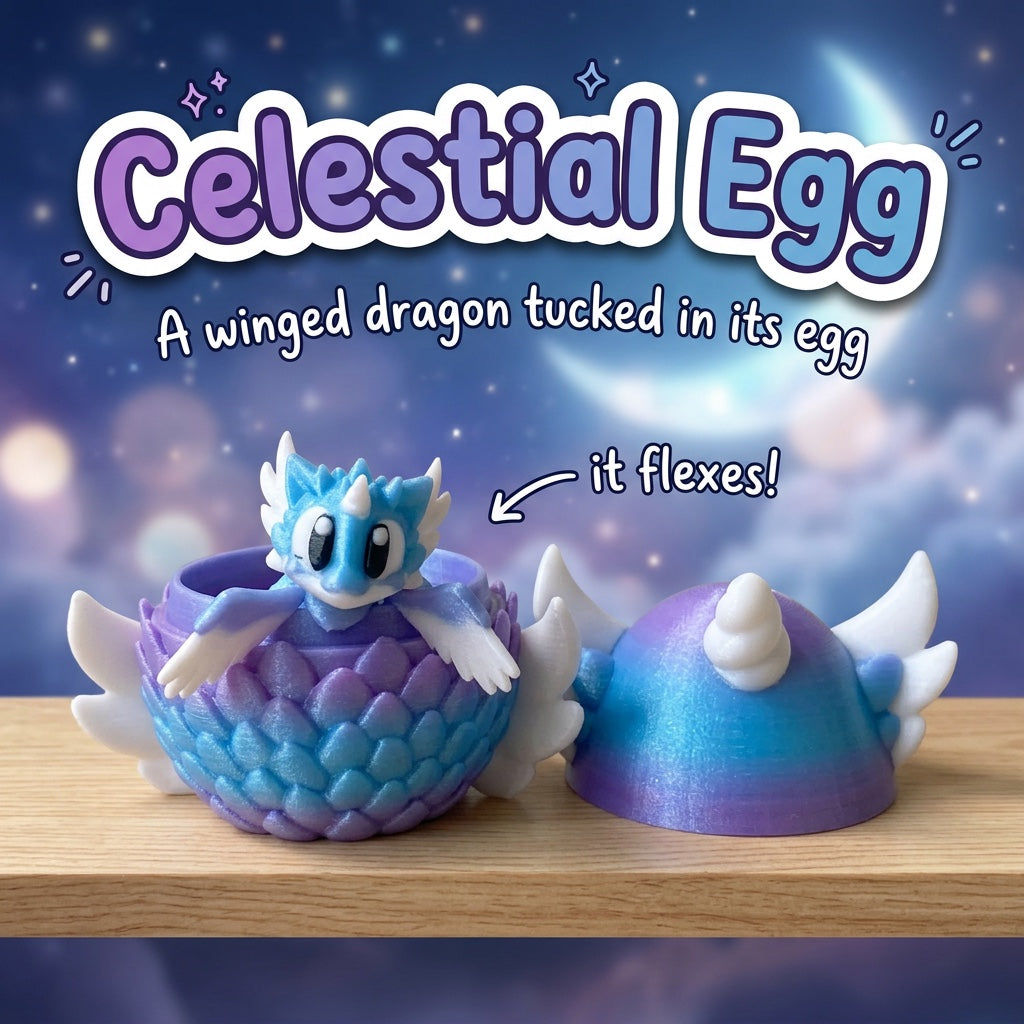 Celestial Egg 3D printed articulated winged dragon sitting in its open egg, on a starry shelf