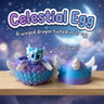 Celestial Egg 3D printed articulated winged dragon sitting in its open egg, on a starry shelf