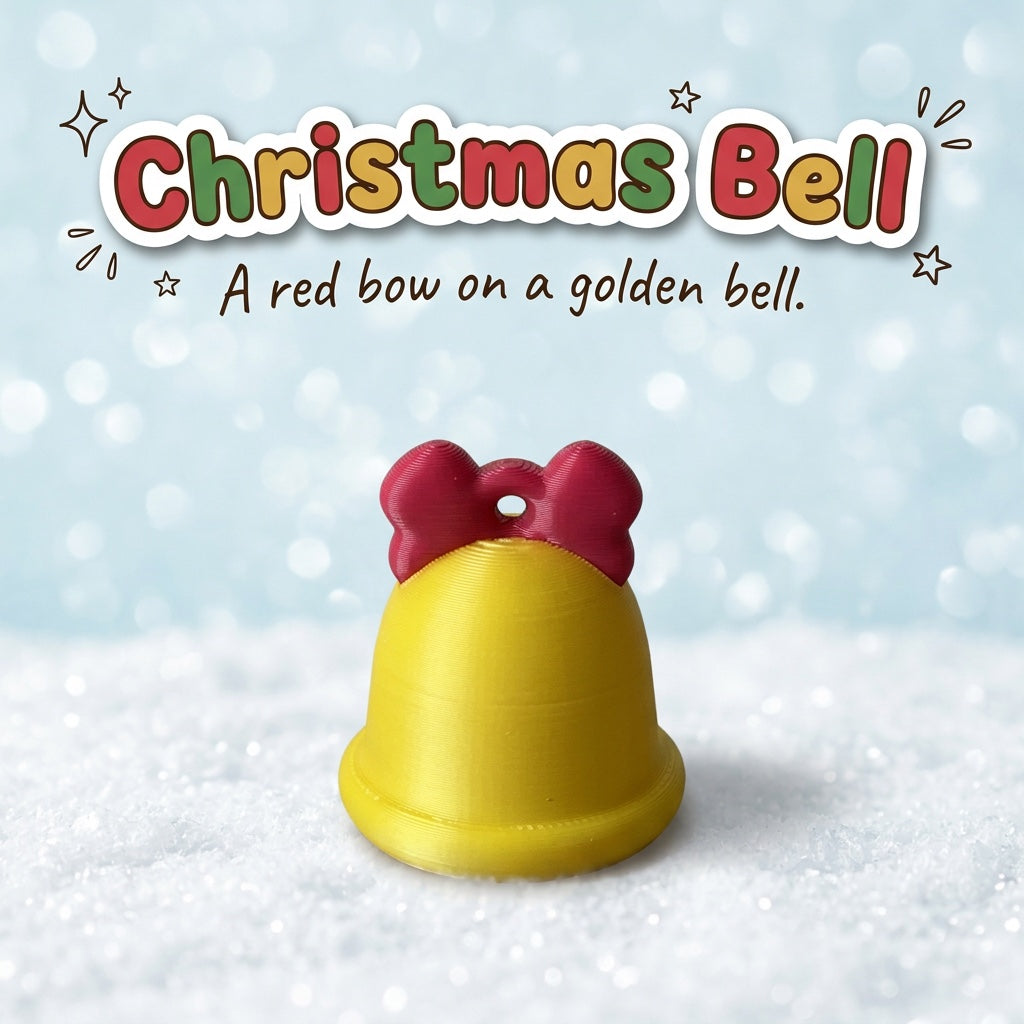 Christmas Bell 3D printed holiday bell with a red bow by Cosmic 3D Creations, on a frosty white surface