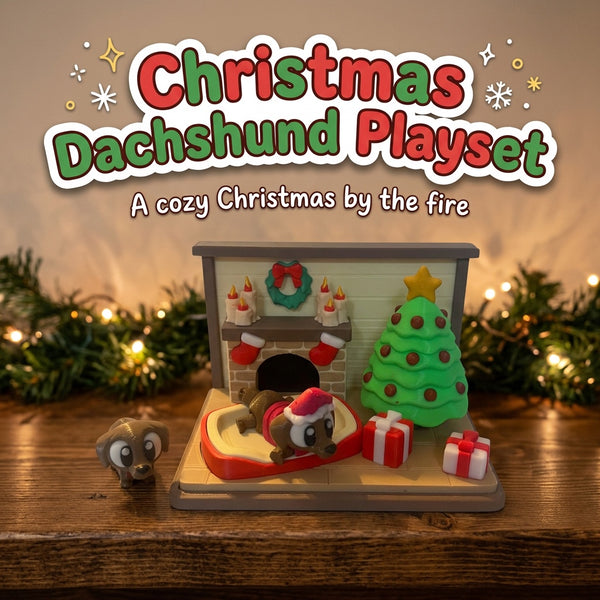 Christmas Dachshund Playset 3D printed fireplace scene with tree, presents and two dachshunds