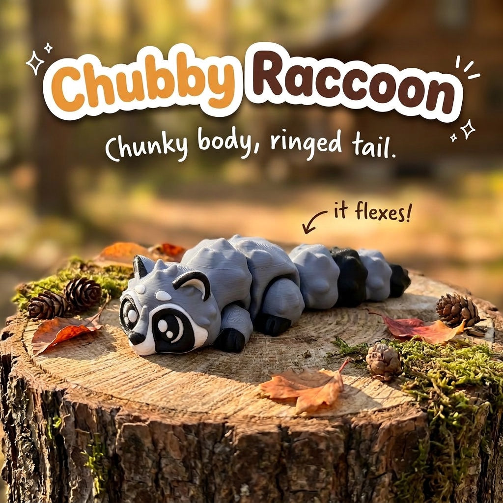 Chubby Raccoon 3D printed articulated flexi toy by Cosmic 3D Creations, on a tree stump with moss and pine cones