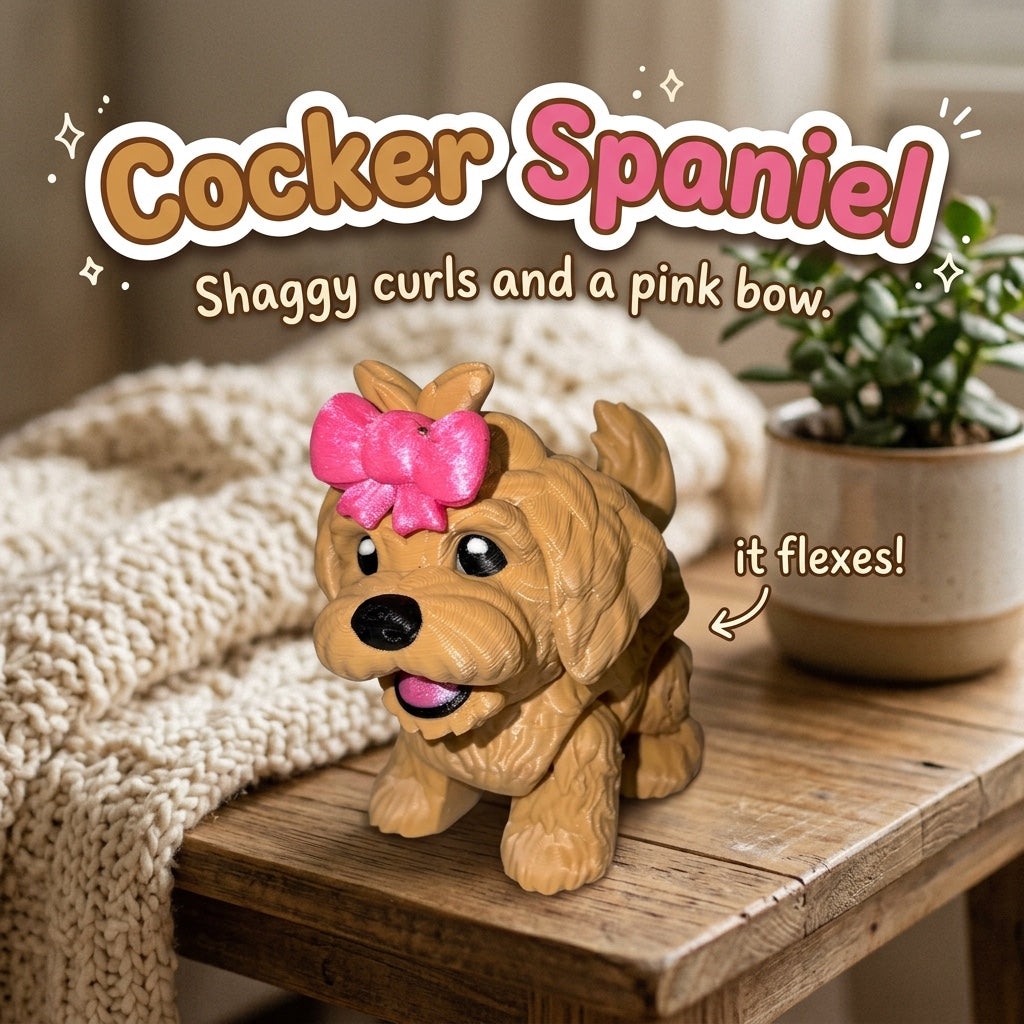 Cocker Spaniel 3D printed articulated flexi toy by Cosmic 3D Creations, on a cozy side table with a knit blanket